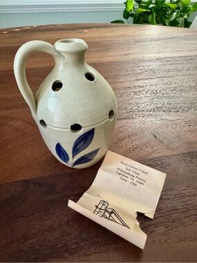 Vintage Williamsburg Pottery Blue/Gray Salt Glaze Flower Frog Vase w/ 9 holes